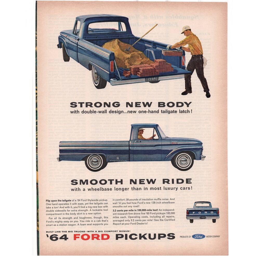 Ford Pickup Truck Advertisement 1964 Automobilia Classic Car Construction Vtg